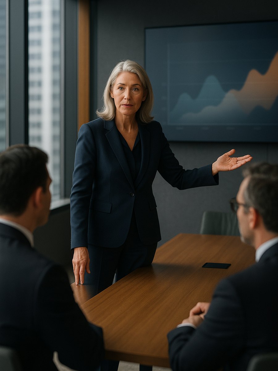 A senior co-op program advisor explaining a plan to a brand’s executives in a boardroom