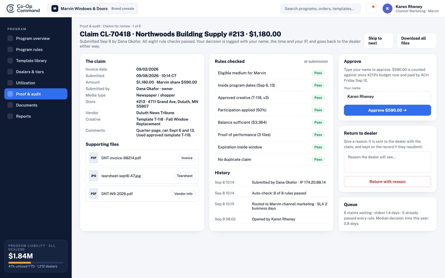 Claim review (brand console). Every rule check shown passed, files attached, approve by name or return with a reason. Decision logged and sent back.