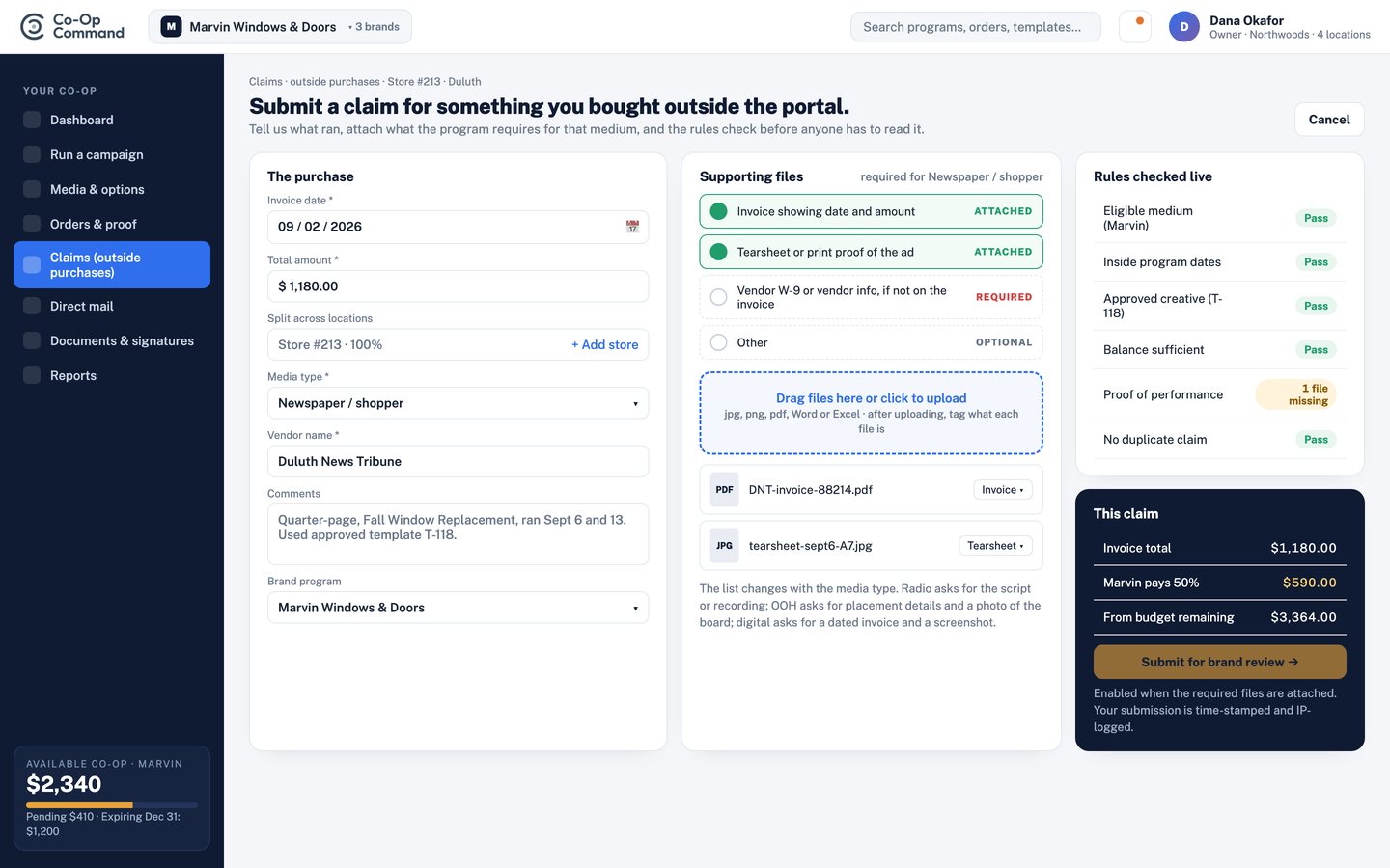 Submit a claim. Invoice, media type, vendor and the proof the program requires for that medium, with the rules checked before anyone reads it.
